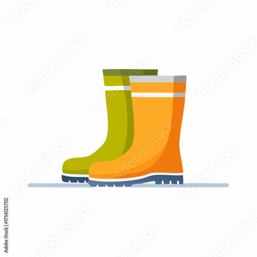 Stylized illustration of colorful rain boots in green and orange