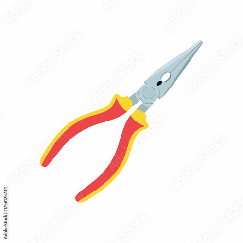 Illustration of a long-nose plier with red and yellow handles, a tool isolated on white.