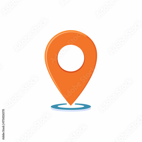 Modern location pin icon with orange color and blue base. Digital map point symbol.
