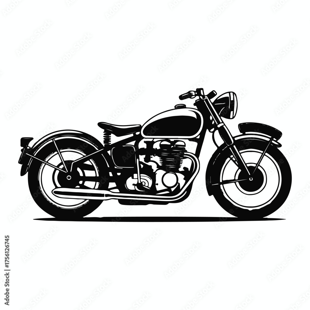 Fototapeta premium Motorcycle Illustration, Retro Black and White Classic Bike with Spoked Wheels and Exposed Engine Design