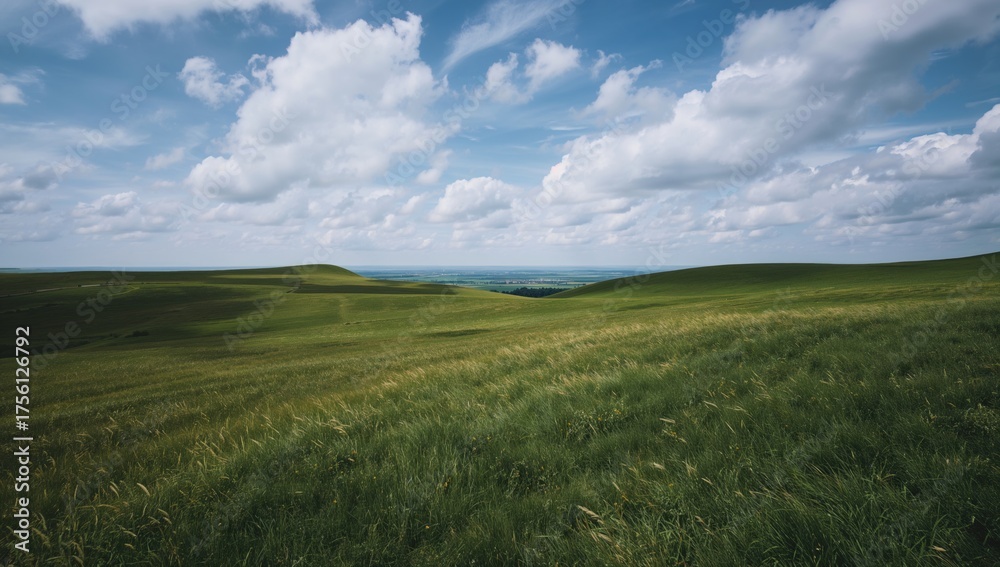 Fototapeta premium Green rolling hills under a bright sky with scattered clouds