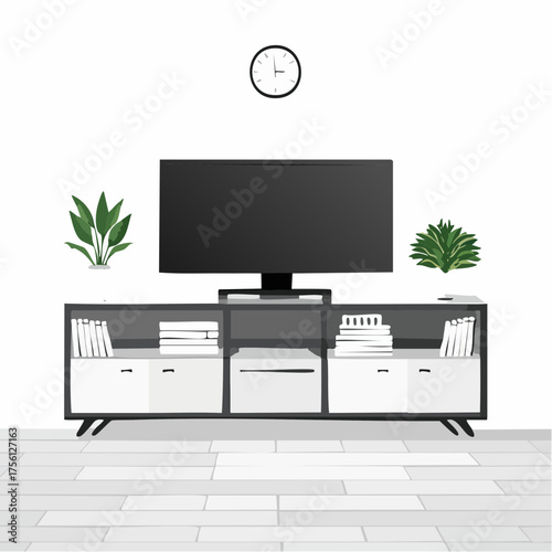 TV mockup, TV cabinet, and storage space in a living room with a white wall.