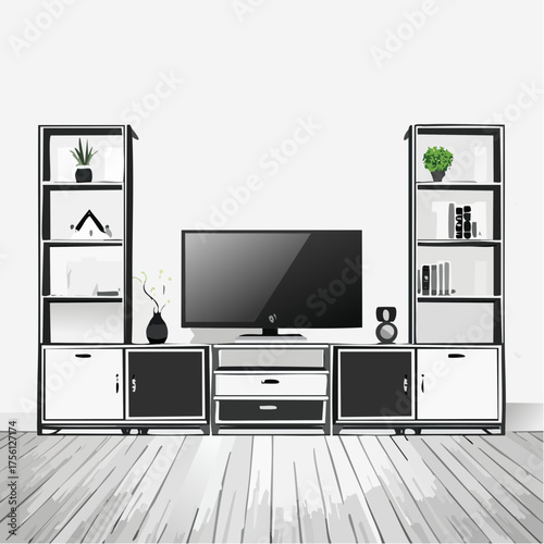 TV mockup, TV cabinet, and storage space in a living room with a white wall.