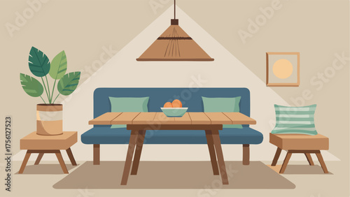 A cozy dining nook with a light wood table a bench with soft cushions and a woven pendant light hanging above.
