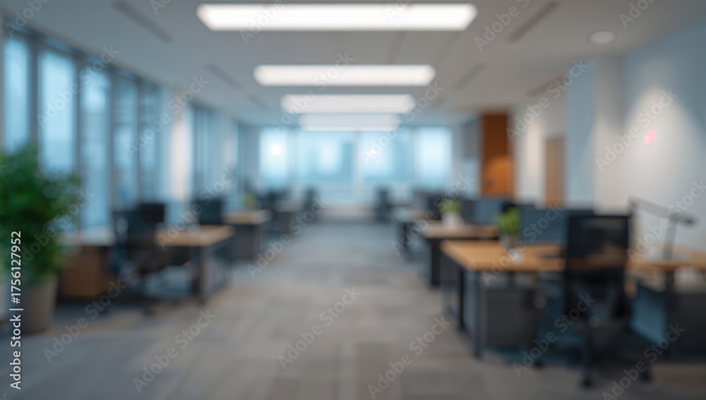 Fototapeta premium Creative abstract blurred background featuring an office interior with bokeh effect