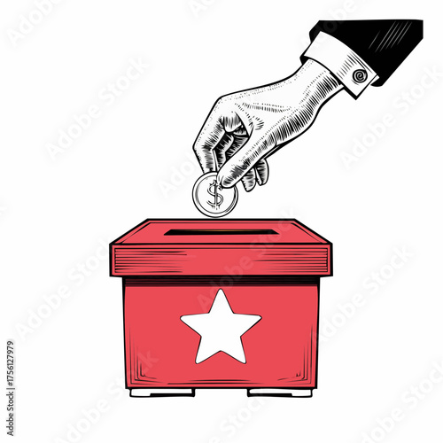 Hand dropping a coin into a red donation box isolated on white background
