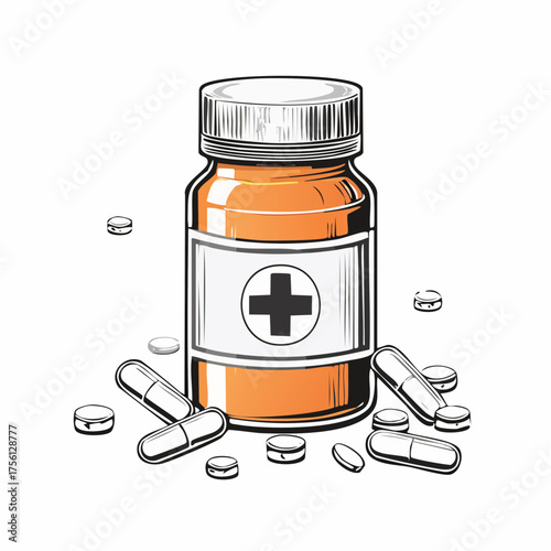 Orange prescription bottle labeled antibiotics with pills and capsules scattered nearby medical healthcare vector