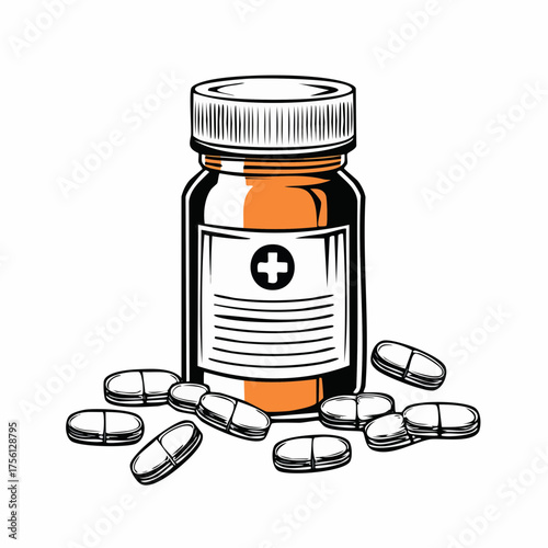 Orange prescription bottle labeled antibiotics with pills and capsules scattered nearby medical healthcare vector