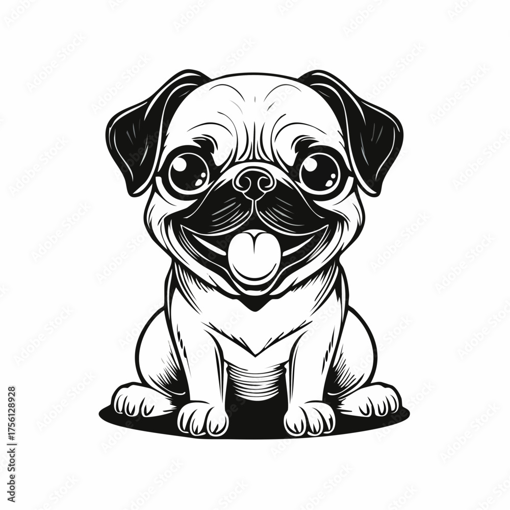 Fototapeta premium Adorable pug puppy sitting front view expressive eyes playful tongue out cute pet vector