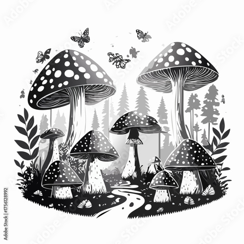 Enchanting fantasy forest with magical mushrooms and woodland creatures digital art vector