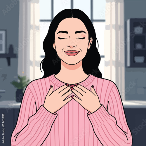 Woman with eyes closed and hands on chest feeling gratitude
