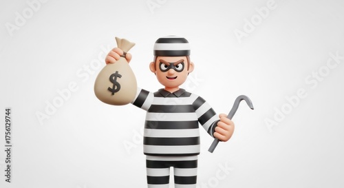A cartoon thief holding a money bag and a crowbar.