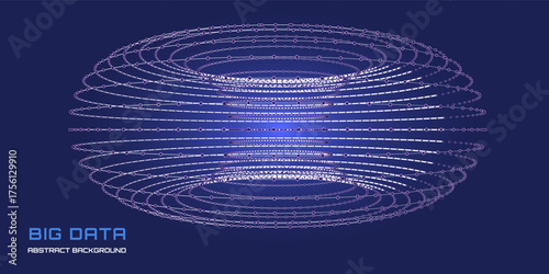 Abstract futuristic data torus from pink circles and  lines on dark blue.  Big Data. Concept visualization for technology, analytics and network.