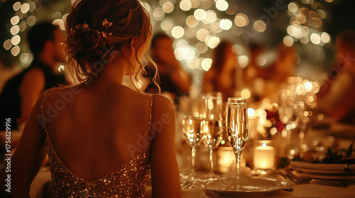 elegant gala dinner for New Year with people in formal wear, candlelit atmosphere