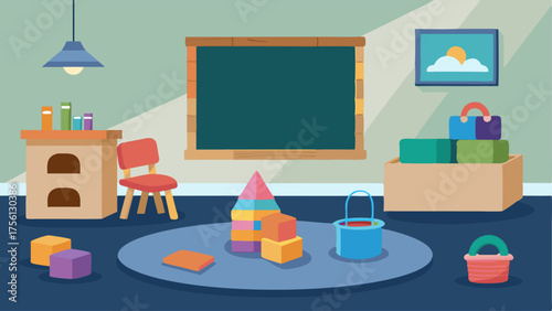 A childrens playroom with toys made from recycled materials a rug made from reclaimed fabric and a chalkboard wall made from leftover paint.