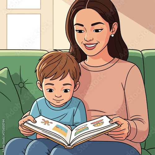  Mother and child reading a colorful storybook together on a couch