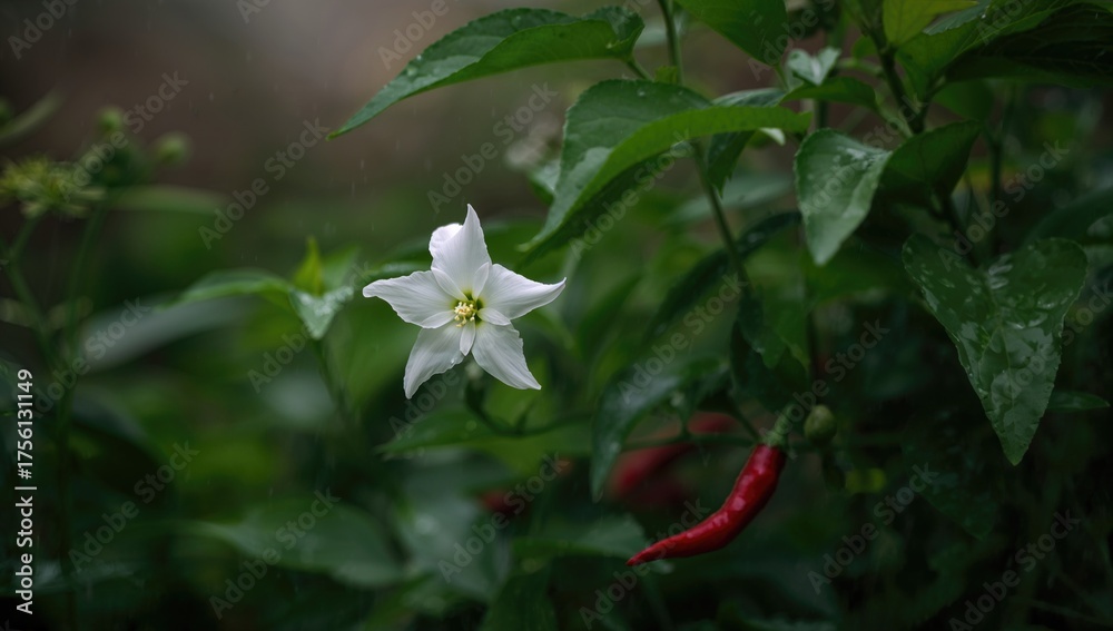 Obraz premium White chili blossoms thriving in a rainy garden setting