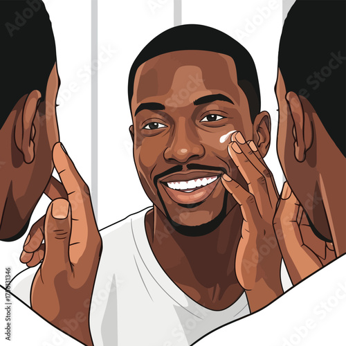  Man applying moisturizer to his face in the mirror