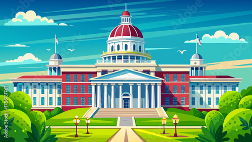 Very beautiful Alabama State Capitol in Montgomery, USA, showcasing historic architecture, grand white columns, lush green lawns, and clear blue skies in a stately and elegant urban setting.