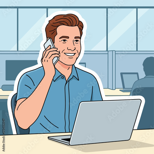  Smiling businessman talking on phone at his desk with laptop