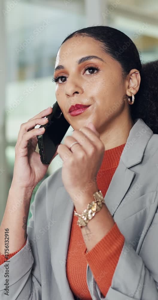 Happy woman, speaking or phone call in office for networking, meeting schedule or b2b communication. Female person, smile and talk in workplace with tech for contact, business client and negotiation.