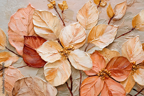 Oil painting, 3D leaves in beige tones, volumetric paint strokes with a palette knife, template for wallpaper, paintings
