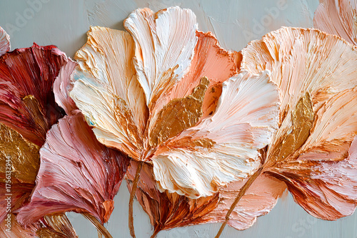 Oil painting, 3D leaves in beige tones, volumetric paint strokes with a palette knife, template for wallpaper, paintings