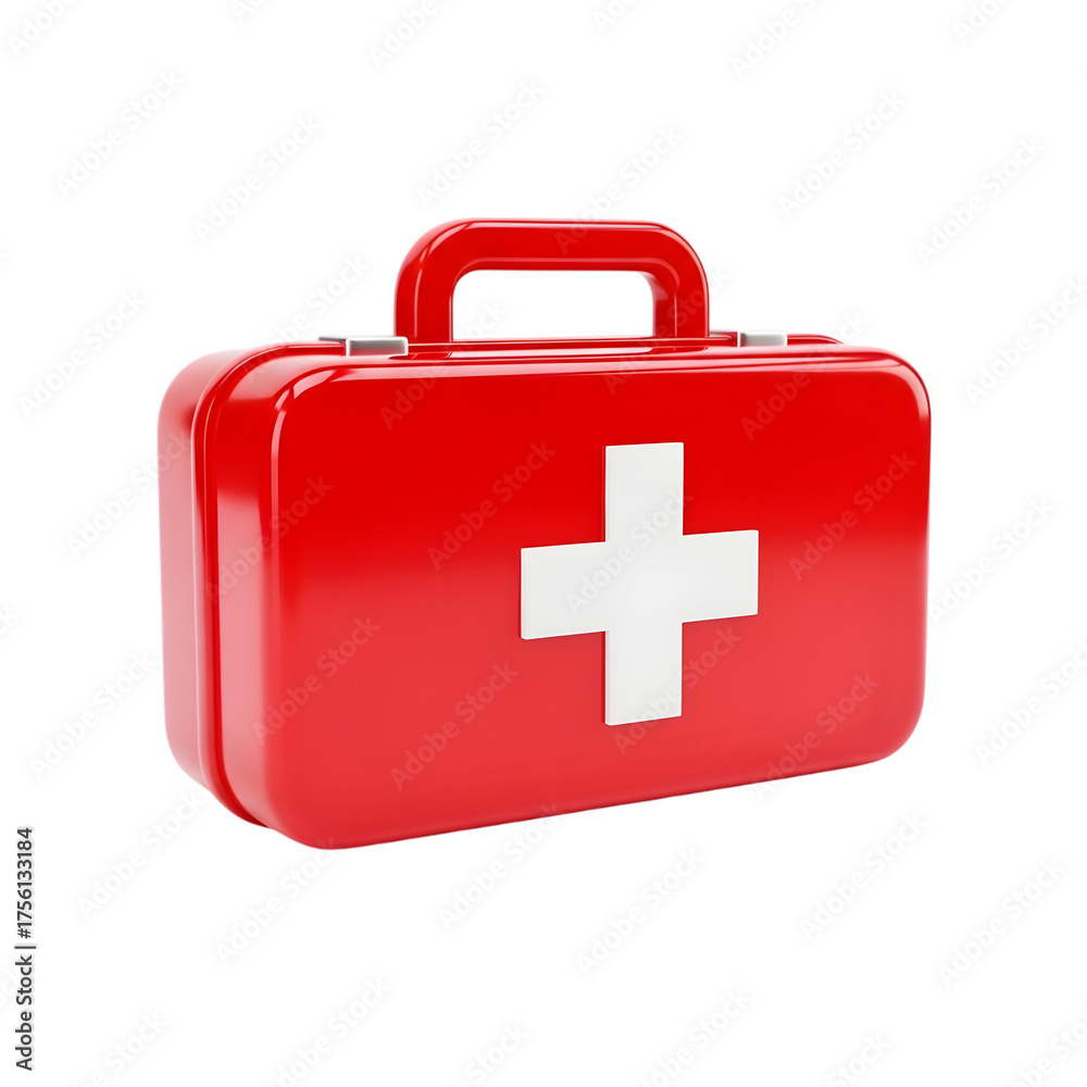 Fototapeta premium Red first aid kit with white cross isolated on transparent background