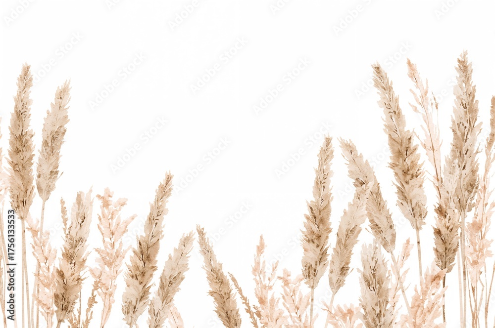 Fototapeta premium Watercolor illustration of pampas grass with bohemian floral borders in soft neutral tones. Botanical boho design elements on white background, perfect for wedding invitations, cards, and stickers.