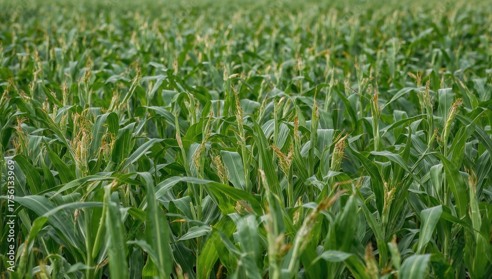 Obraz premium Lush corn foliage in an agricultural landscape. Picture of a maize plantation. idea of a successful crop yield, farming. maize field during spring or early summer. industrial perspective, panoramic