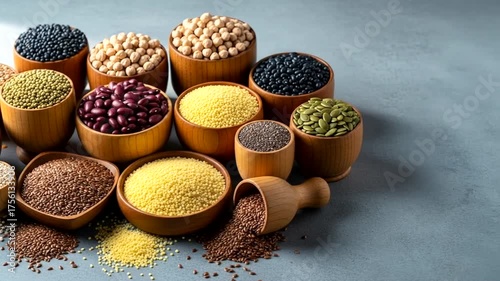 Assorted grains and legumes in wooden bowls arranged on a gray surface