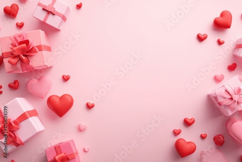 Happy Valentines day template with gift box. Romantic design decorative objects, red heart. Sale long banner, surprise poster, flyer and brochure. Mock up holiday. Front view. 3D. Panoramic