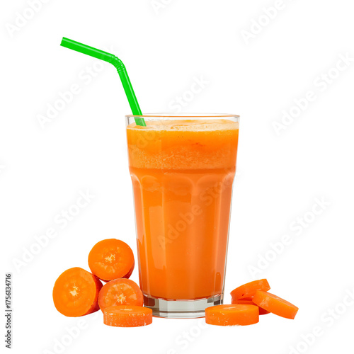 Fresh Carrot Juice with Straw and Carrot Slices – Transparent Background PNG for Healthy Food Design
