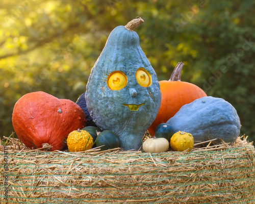 Pumpkins on a hay bale, one of them with a cute carved face