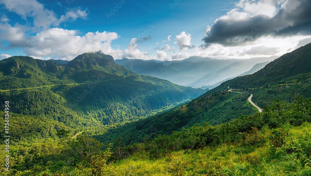 Fototapeta premium Tranquil mountain landscape with lush greenery and forest