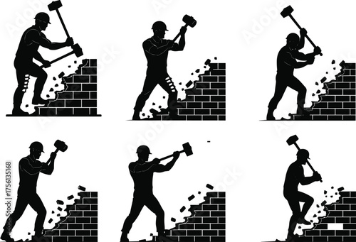 Construction worker demolishing wall with sledgehammer, demolition laborer silhouette, breaking bricks, hard hat worker, building destruction concept, manual demolition, construction site action