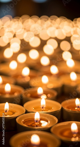 Many small, lit, wax candles create a warm, glowing ambiance with a soft, blurred bokeh background, representative of peace, remembrance, or hope