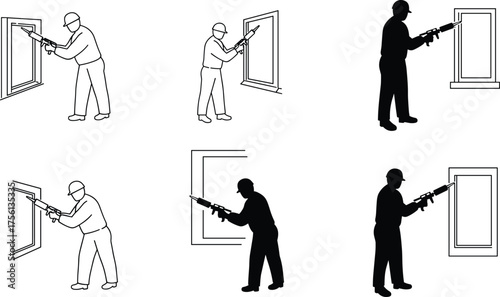 Construction worker sealing window frame with caulking gun, home improvement illustration, professional builder applying sealant, insulation repair design, black and white silhouette vector artwork
