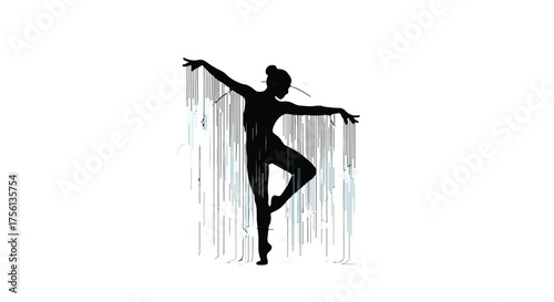 Graceful dancer silhouette with flowing artistic elements on a white background
