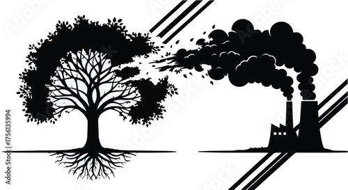Juxtaposition of a thriving tree symbolizing nature's life and a factory emitting dark smoke representing pollution