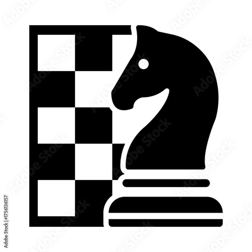 Chess Knight Icon with Chessboard, Black Silhouette Vector Illustration
