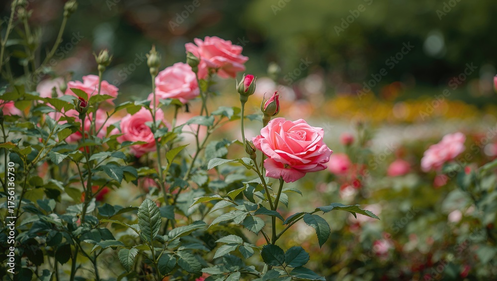Fototapeta premium Vibrant Roses Blooming in a Garden Bed Amidst Lush Greenery
