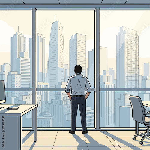  Man gazing out office window at city skyline sunrise