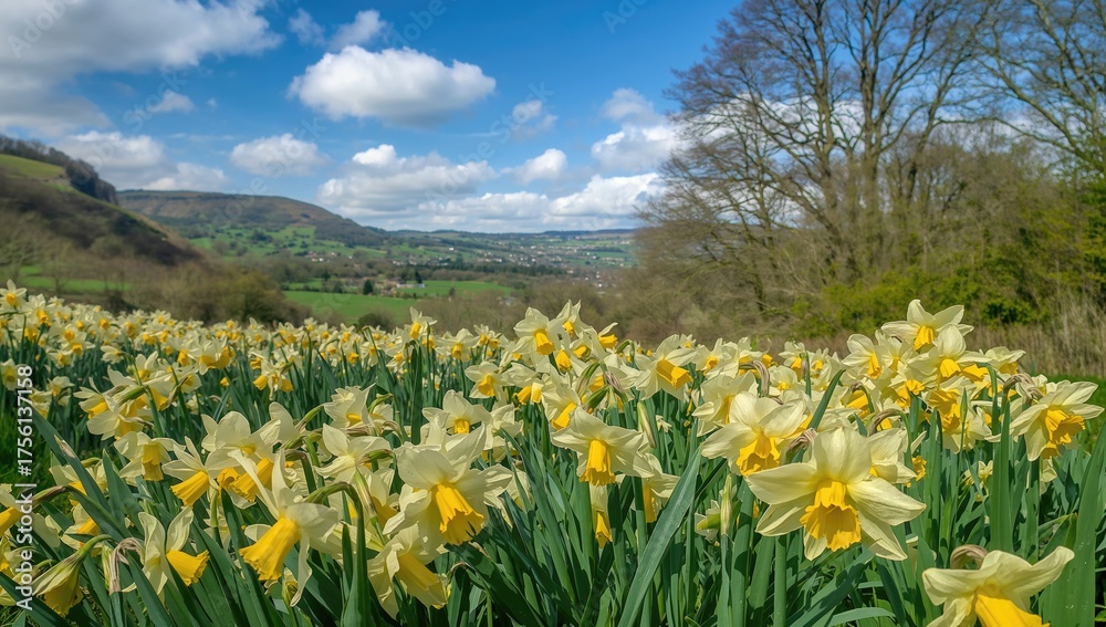 Obraz premium A lively meadow filled with white and yellow daffodils blossoming against a rich green background.