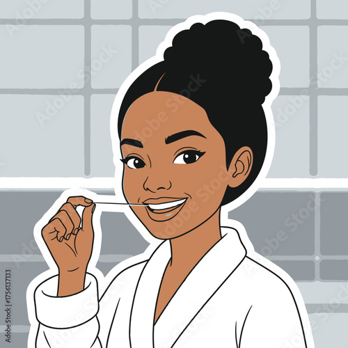  Young woman with dark hair in a bun using dental floss