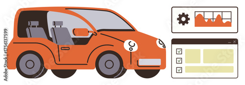 Orange compact car with graph and checklist interfaces suggesting efficiency tracking, system diagnostics, and smart vehicle tech. Ideal for technology, automotive, innovation, diagnostics