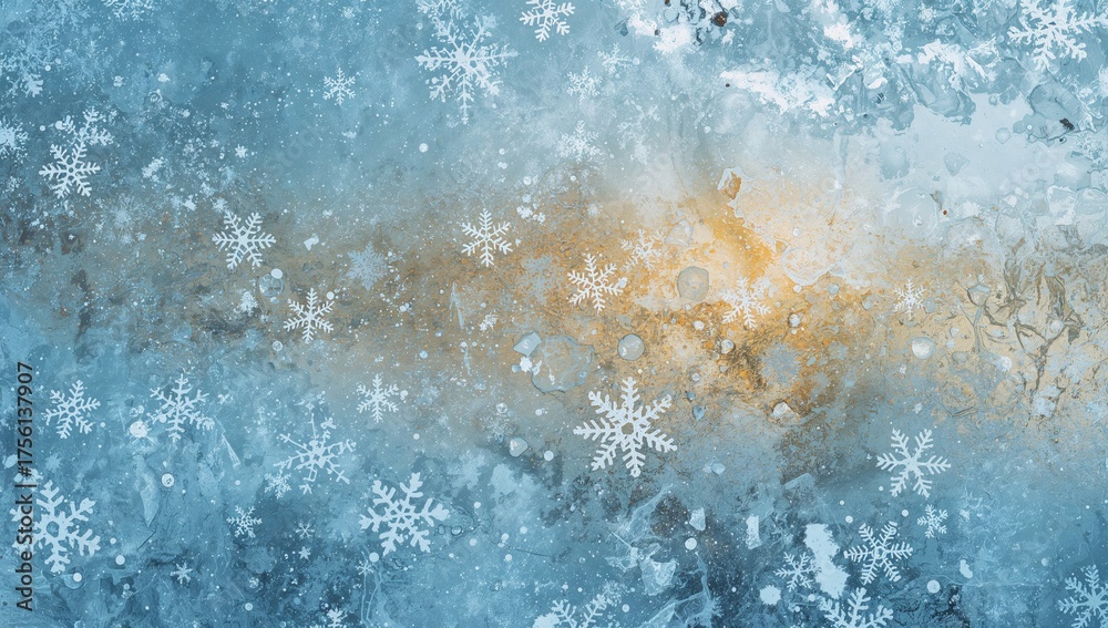 Fototapeta premium A stunning horizontal pattern in blue, white, and yellow featuring a frozen reflective surface adorned with various snowflakes and icy textures in winter
