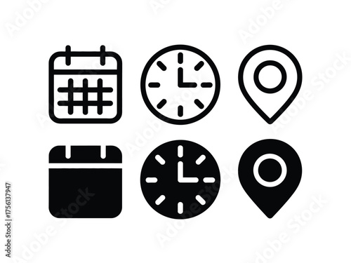 Vector black silhouette icons set calendar clock location pin scalable eps illustration icon vector illustration white background