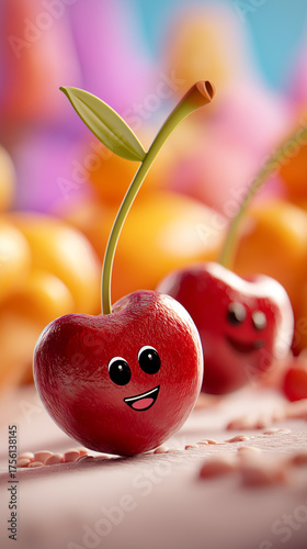 Happy 3D Cartoon Cherry Character with Big Eyes and Big Smile, set against blurred colourful background with other fruits. Cute Symbol of Healthy Lifestyle and Organic Food. Copy Space, 9:16