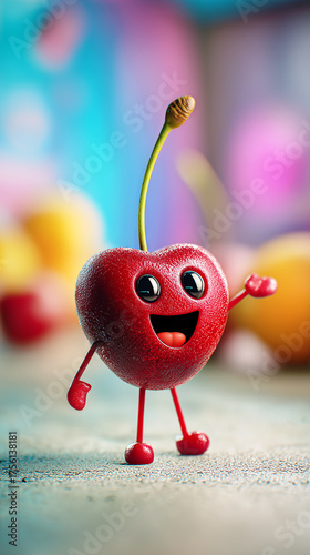 Happy 3D Cartoon Cherry Character with Big Eyes, Big Smile, Arms and Legs in front of Blurred Vibrant Colorful Background. Cute Symbol of Healthy Lifestyle and Organic Food. Copy Space, Vertical 9:16 